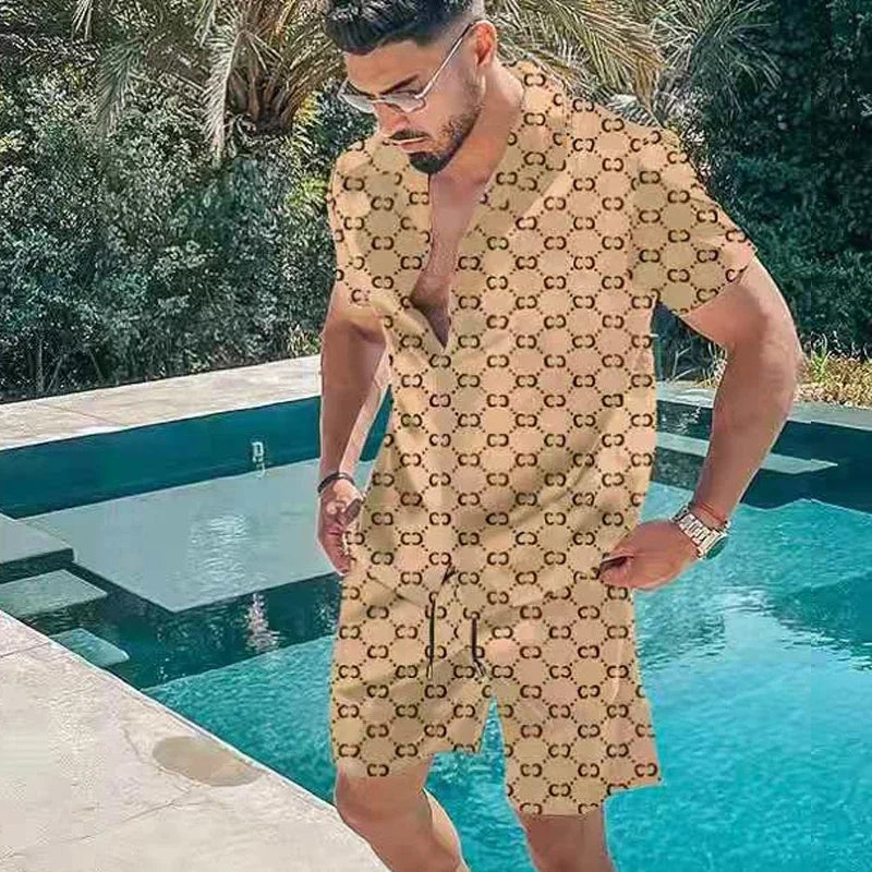 Summer Men's Printed Casual Short-sleeved Shorts Suit Hawaiian Holiday Beach Fashion Lapel Button Loose Sportswear Suit