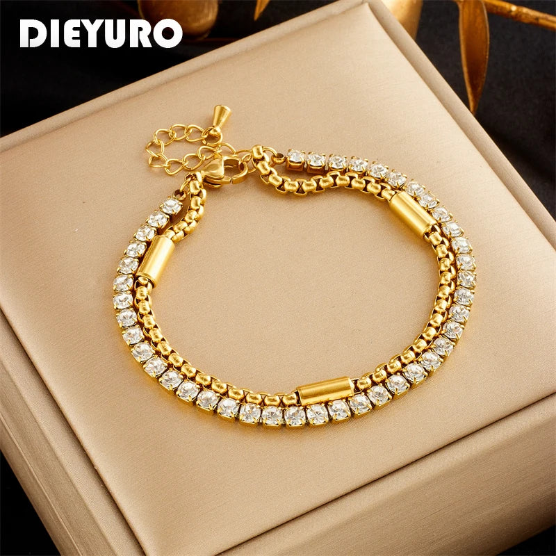 DIEYURO 316L Stainless Steel White Sparkling Zircon 2in1 Chains Bracelet For Women Fashion Girls Wrist Jewelry Gifts Pulsera