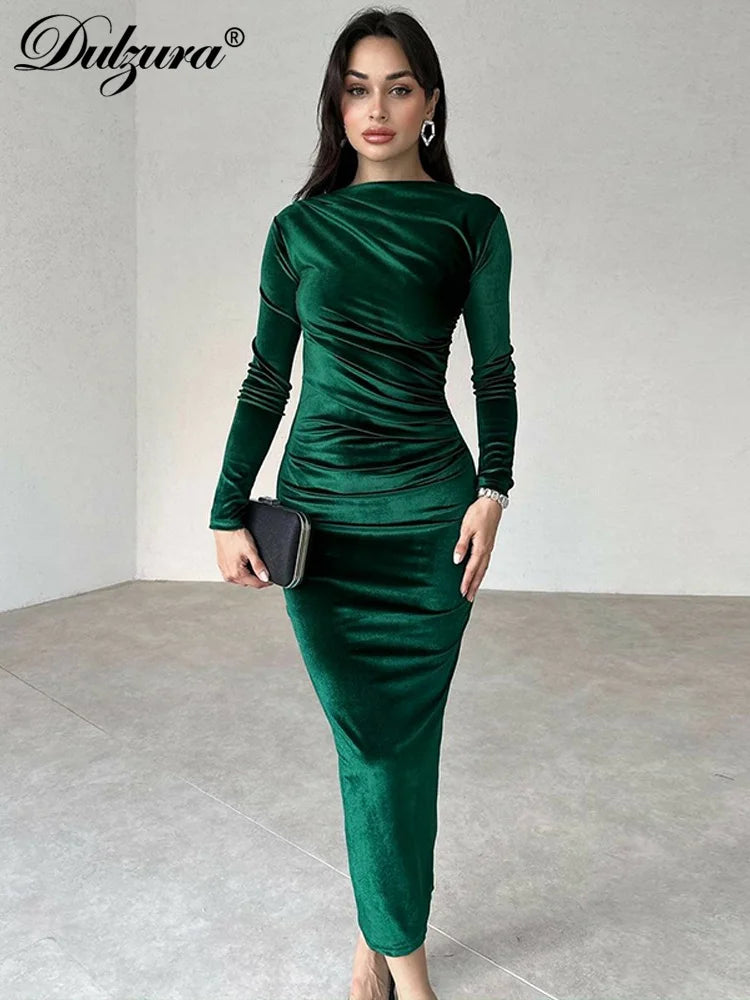 Dulzura Velvet Solid Midi Dress Long Sleeves 2023 Autumn Summer Women'S Outfits Sexy Wholesale Drop Shipping Clubwear Birthday