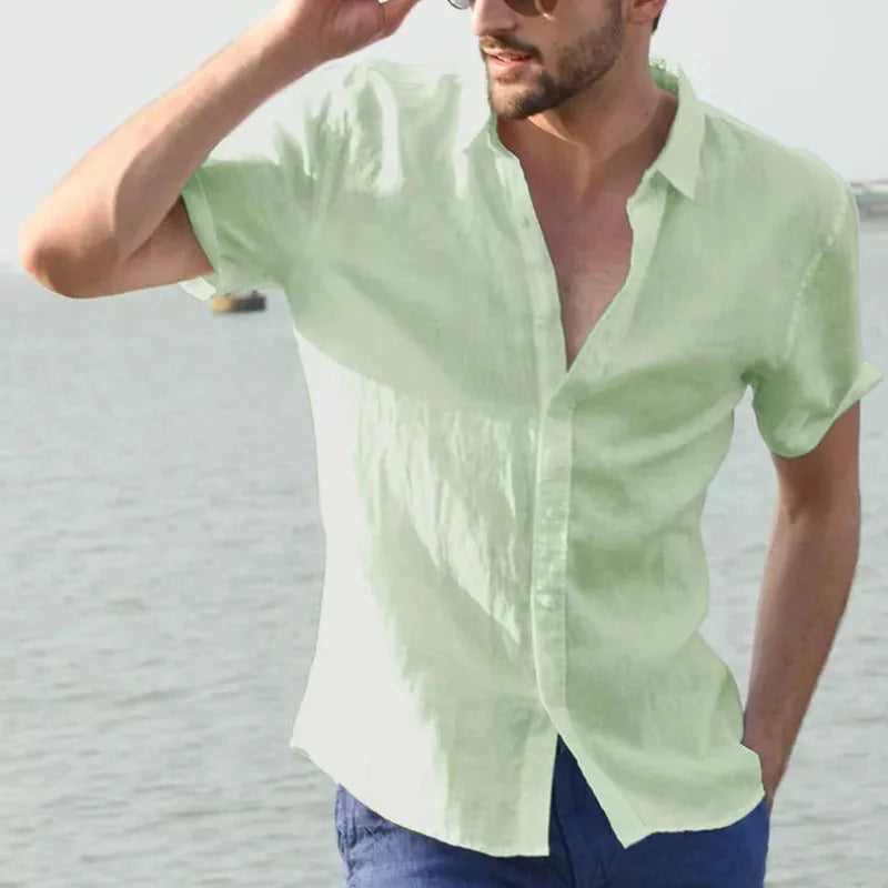 Summer Cotton Linen Shirts For Men Casual Short Sleeved Shirts Blouses Solid Turn-Down Collar Formal Beach Shirts Male Clothing