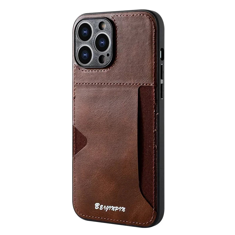 For iPhone 16 15 14 Plus 13 12 11 Pro Max Pu Leather Card Slot Holder Soft TPU Frame Phone Case Back Cover