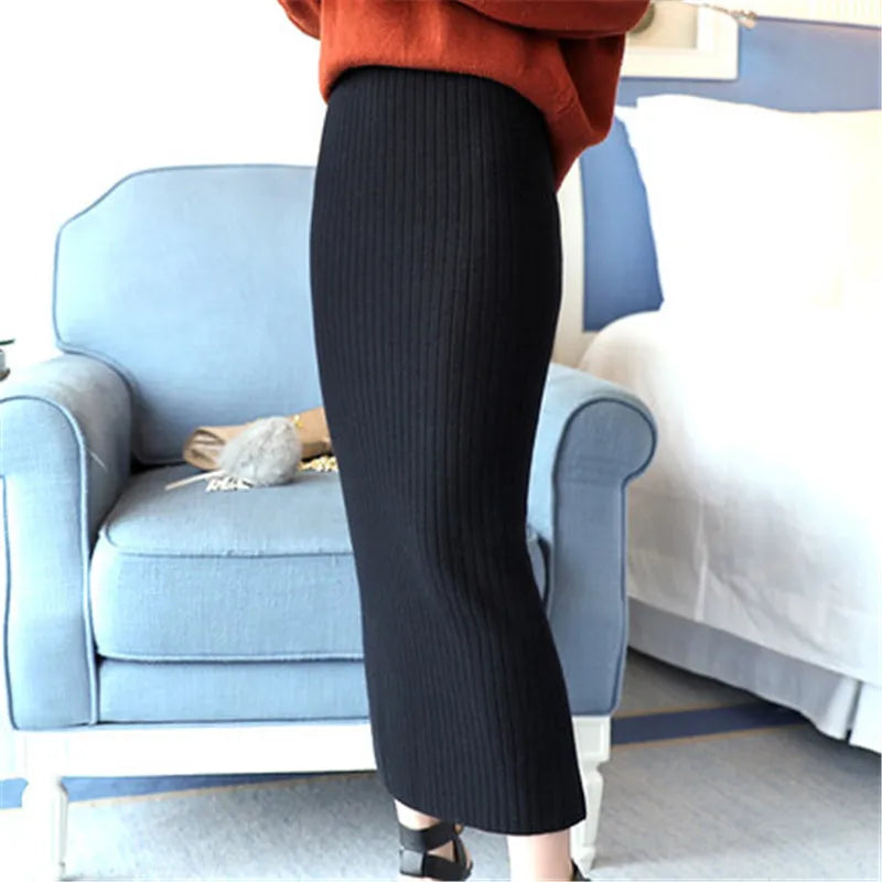 Woolen Skirts for Women Long Faldas Largas Knitted Saias Midi Slim Office Jupe Femme Pencil Skirt Black Ropa Mujer