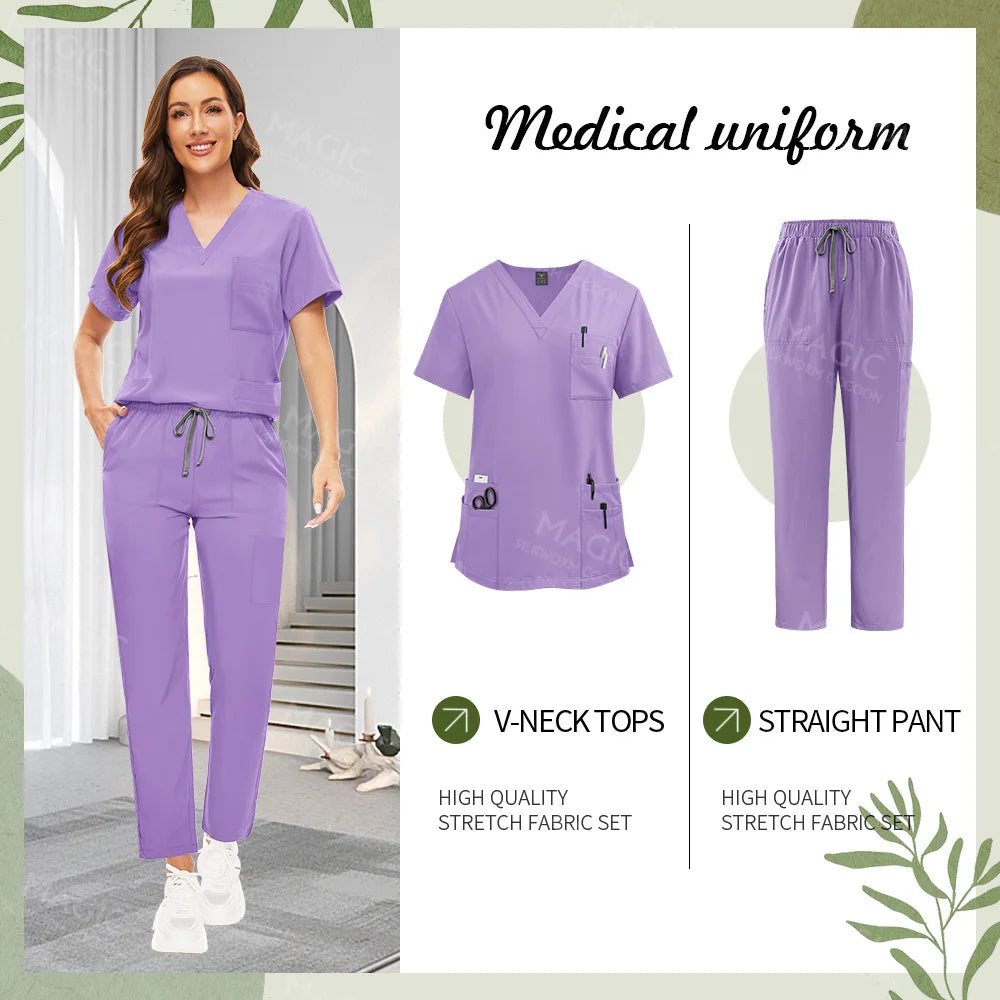 Surgical Uniforms Women Scrub Set Medical Accessories Nurse Beauty Salon Workwear Clinical Scrubs Top+Pant Doctor Nursing Suits