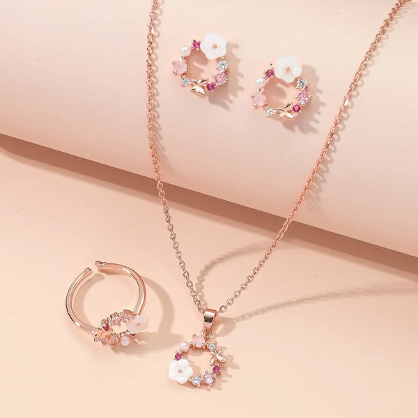 4 Pieces Rose Gold-color Lady Flower Fashion Accessories Zircon Simple Ornate Exquisite