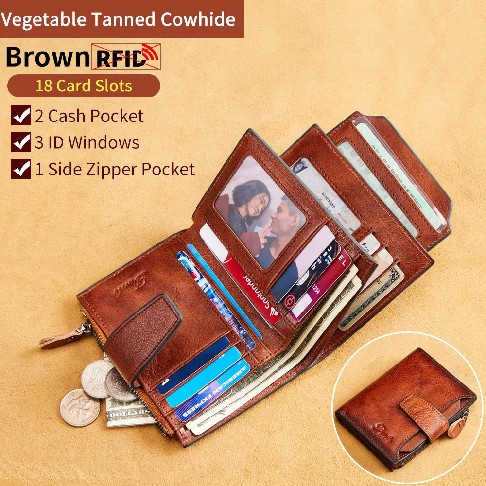 Men's Wallets RFID Genuine Leather Trifold Wallets For Men with ID Window and Credit Card Holder Man Purse Male Wallet Retro