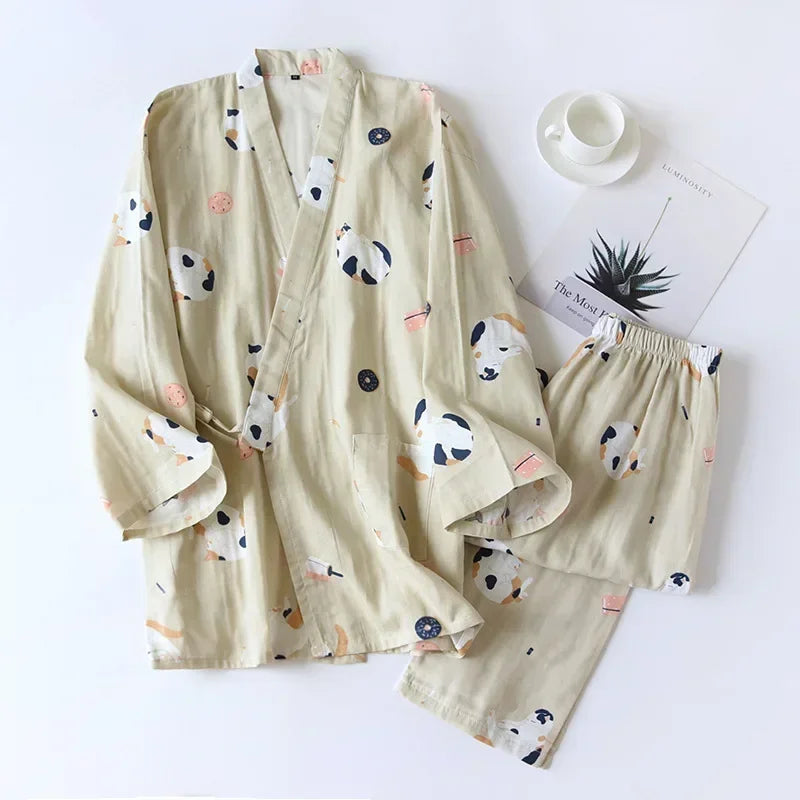 2024 new seven-sleeve Japanese-style kimono pajamas set female spring and autumn 100% cotton gauze home clothes cute sweet two-p