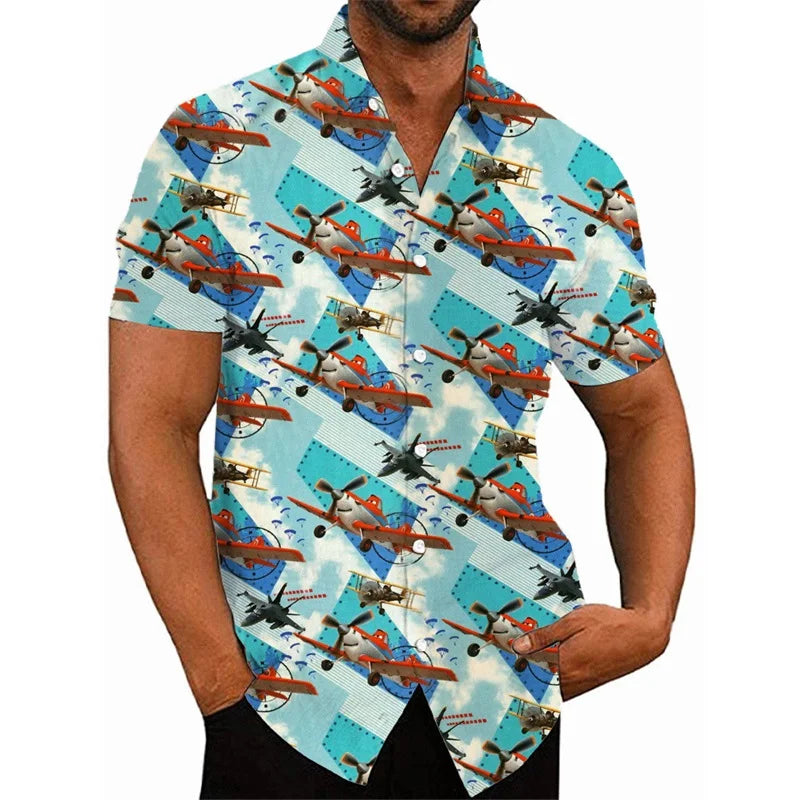 3D Printed Fighter Plane Pattern Hawaiian Shirts For Men Short Sleeve Casual Button Shirt Tops Mens Hip Hop Shirts Streetwear