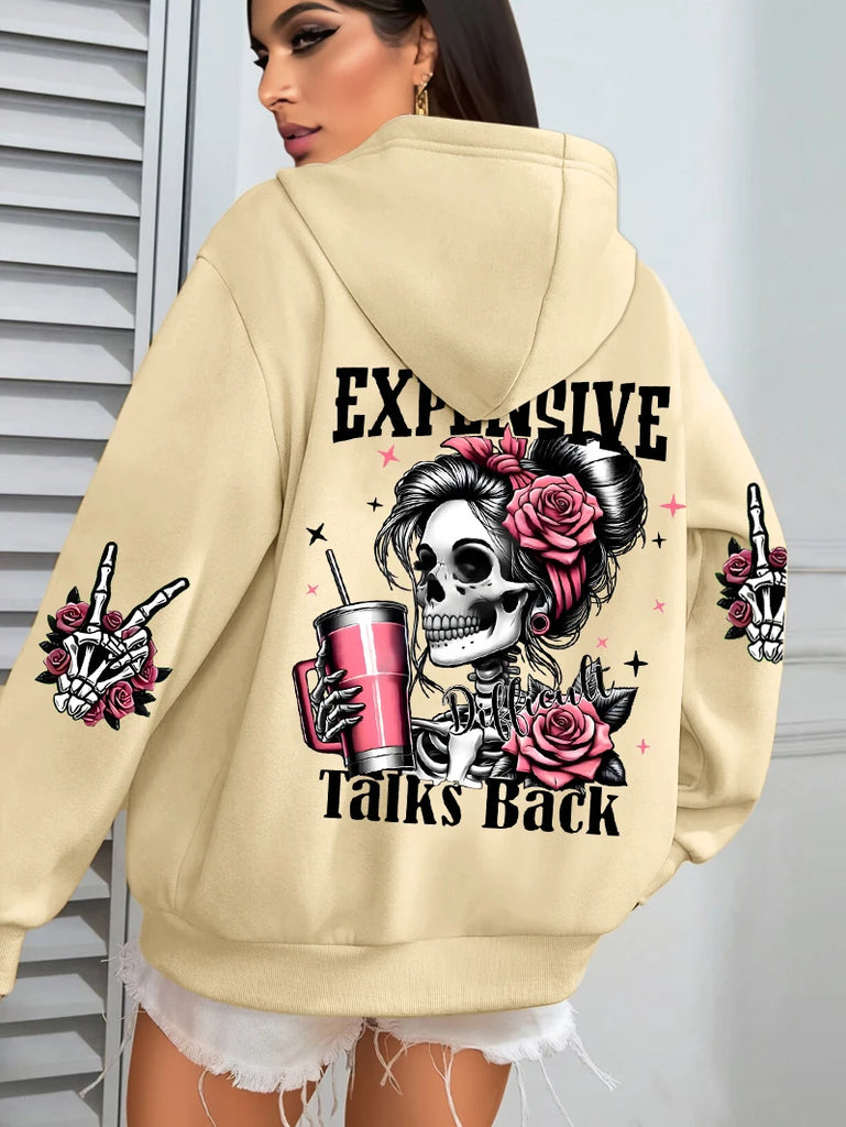 Expensive Talks Back Funny Printing Womens Hoodie Loose Multicolor Pullovers Fleece Autumn Sportswear Casual Pocket Hoody