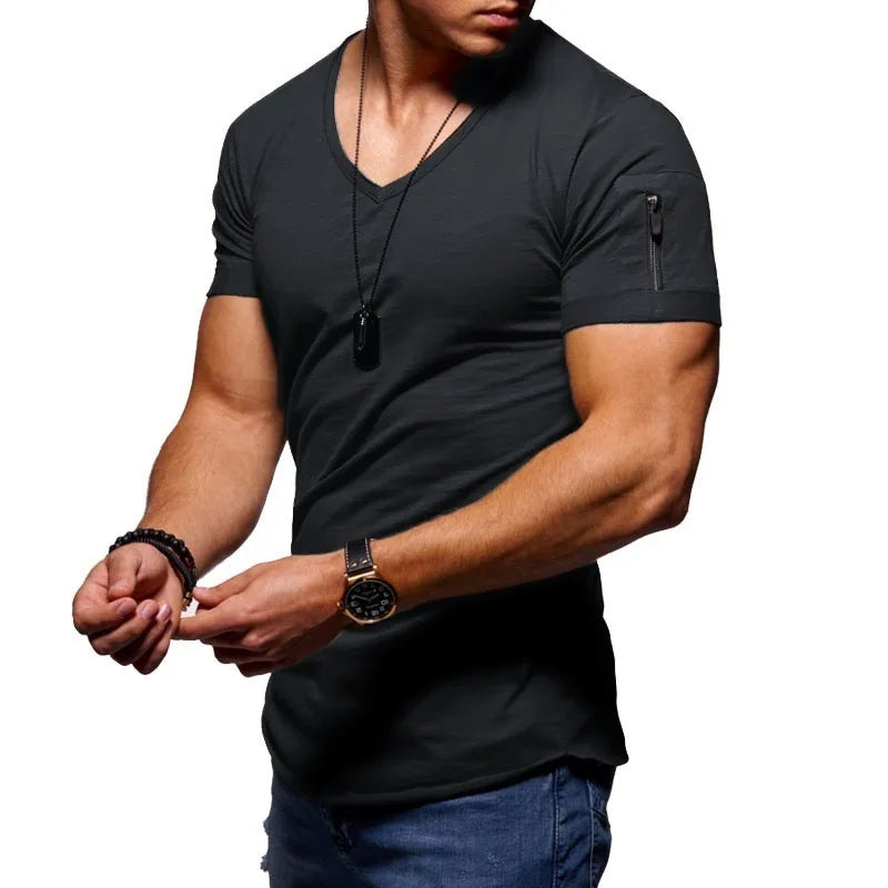 Summer Top Quality Hip Hop T Shirt Men Solid Color Design V-neck T-shirt Casual Classic Men's Clothing Tops Tee Shirt Men