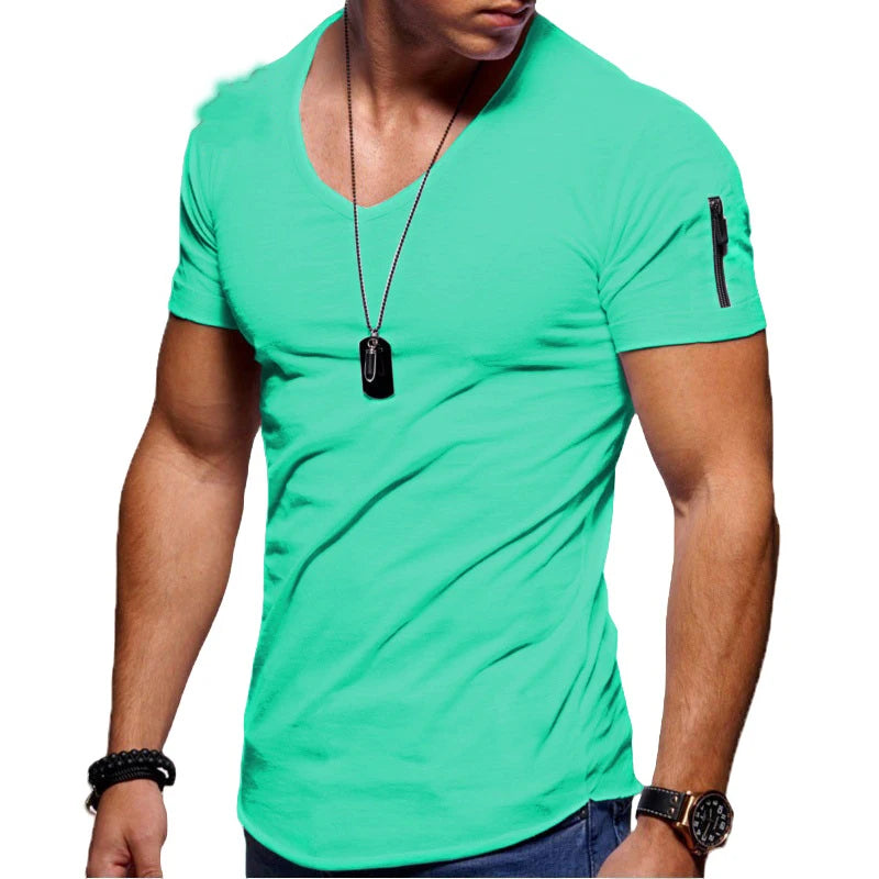 Summer Top Quality Hip Hop T Shirt Men Solid Color Design V-neck T-shirt Casual Classic Men's Clothing Tops Tee Shirt Men