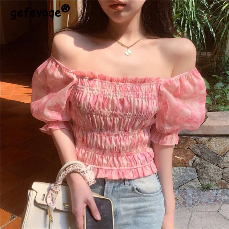 Women Trendy Ruffled Print Sweet Chic Blouses Sexy Off Shoulder Short Sleeve Slim Fairy Crop Tops Blusas Para Mujer 2024 Verano