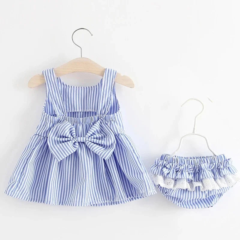 2024 Girls Cute Summer Sleeveless Dress Girl 2Pieces Sets Short Pants+Dress Set Stripe Patten for Baby 6-24M