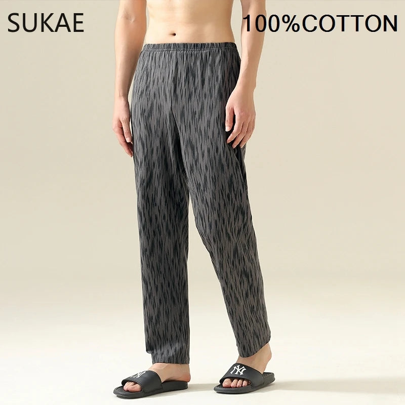 SUKAE 100% Cotton Mens Sleep Bottoms Autumn Spring Male Full Pants HQ Plaid Pj Pants for Boy Sleeping Long Lingerie for Man