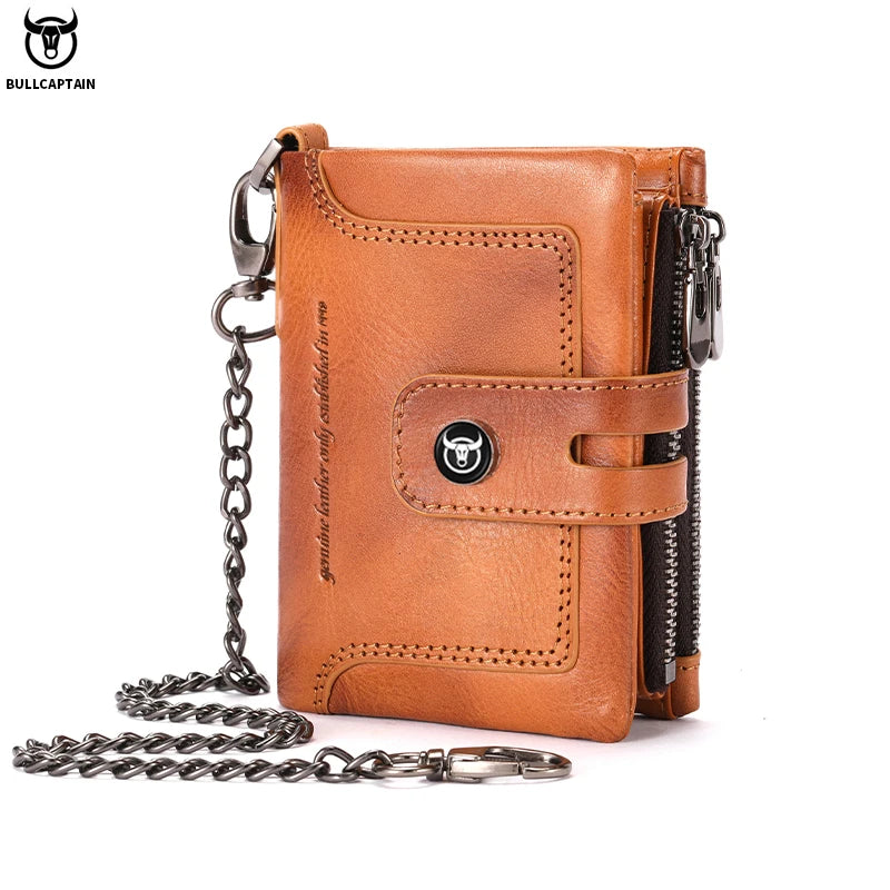 BULLCAPTAIN Men's Genuine Leather Wallet Business Retro Snap Wallet Multifunctional RFID Anti-Theft Zipper Multi-Card Coin Purse