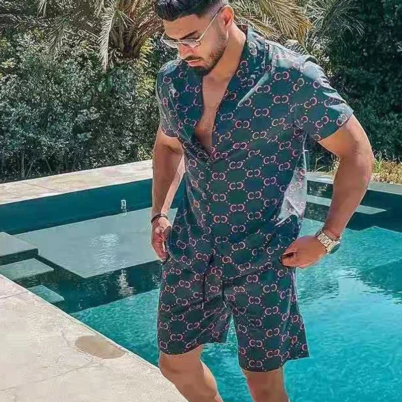 Summer Men's Printed Casual Short-sleeved Shorts Suit Hawaiian Holiday Beach Fashion Lapel Button Loose Sportswear Suit