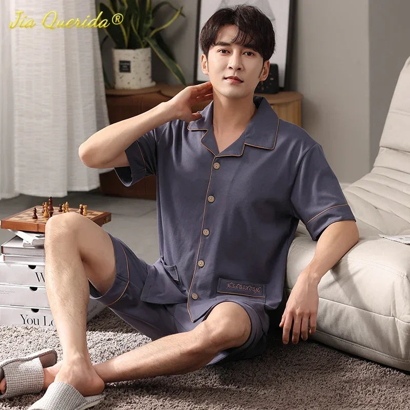 SUKAE Men Nightwear Home Clothing Summer Shorts Two Pieces Cotton Big Size 3xl 4xl Pajama V Neck Japanese Kimono Pjs Sleepwear