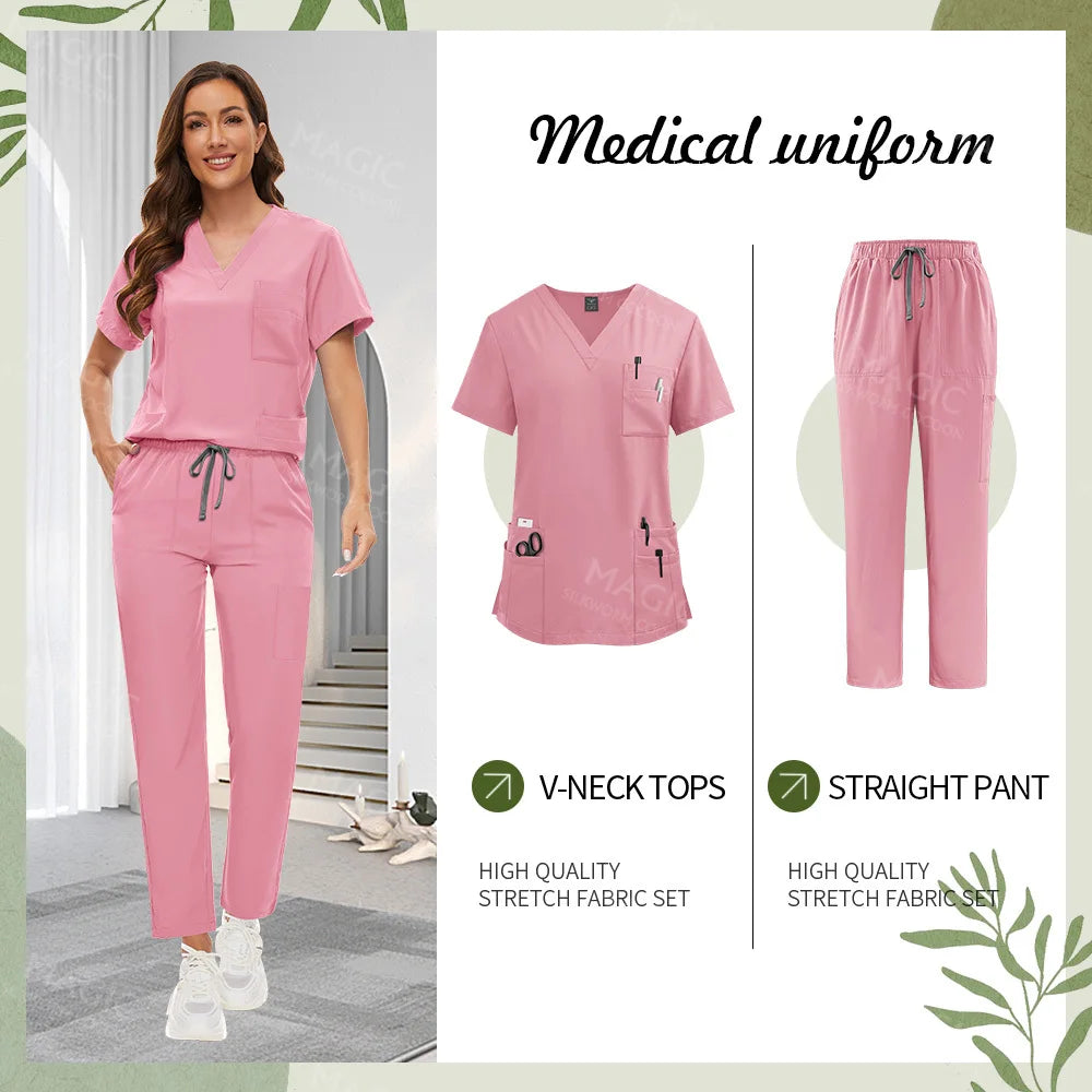 Surgical Uniforms Women Scrub Set Medical Accessories Nurse Beauty Salon Workwear Clinical Scrubs Top+Pant Doctor Nursing Suits