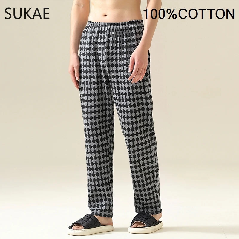 SUKAE 100% Cotton Mens Sleep Bottoms Autumn Spring Male Full Pants HQ Plaid Pj Pants for Boy Sleeping Long Lingerie for Man