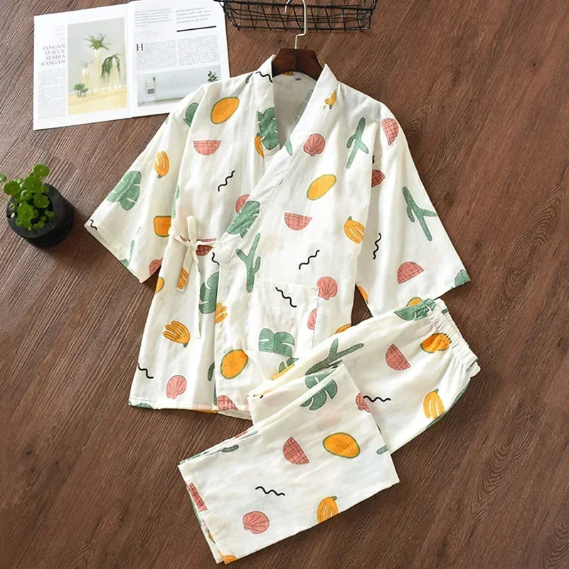 2024 new seven-sleeve Japanese-style kimono pajamas set female spring and autumn 100% cotton gauze home clothes cute sweet two-p