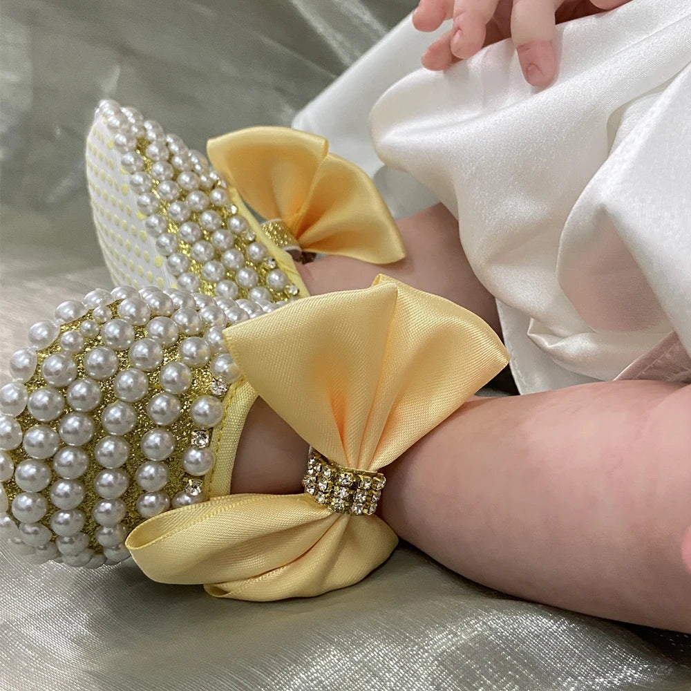 Dollbling Sparkle Pearly Baby Shoes and Headband Newborn Pacifier Gift Set Ivory Bead Designer Brand 0-1Y Girl Crib Ballet Shoes