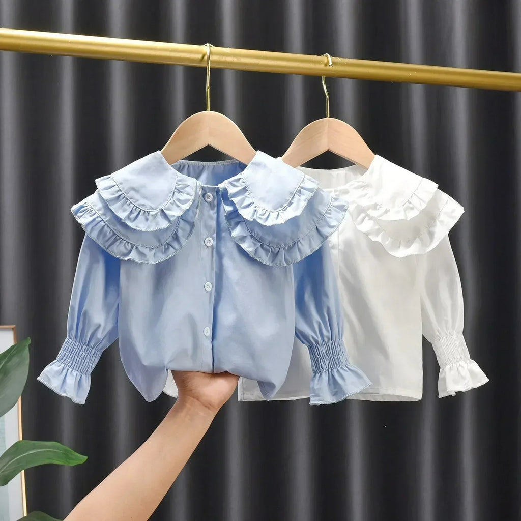 Baby Girls Blouses Kids White Blue Shirts 2024 Doll Collar Tops 1 To 6Yrs Children's Clothing