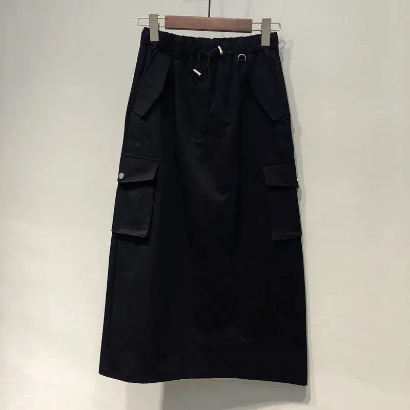 New Cargo Skirts for Women Y2k Long Skirts Elastic Waist Spring Summer Drawstring Girls Full Length Skirt Black