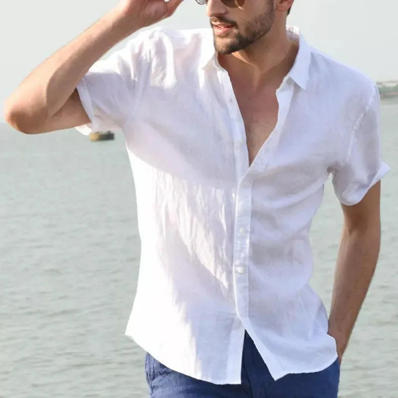 Summer Cotton Linen Shirts For Men Casual Short Sleeved Shirts Blouses Solid Turn-Down Collar Formal Beach Shirts Male Clothing