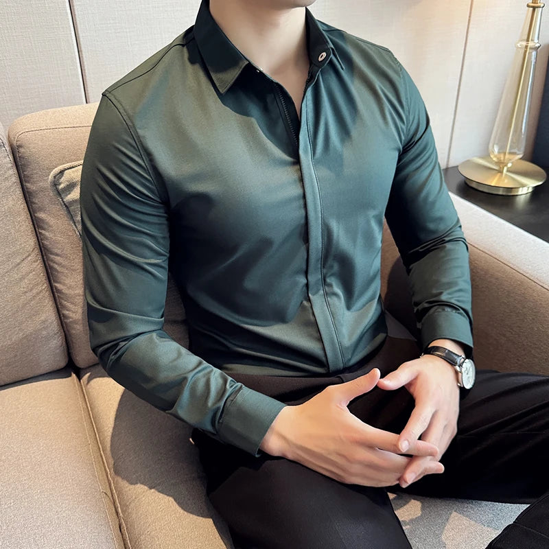 2024 England Style Shirts Men Fashion Slim Fit Long Sleeve Zipper Shirts Man Solid Color Smart Casual Male Blouse