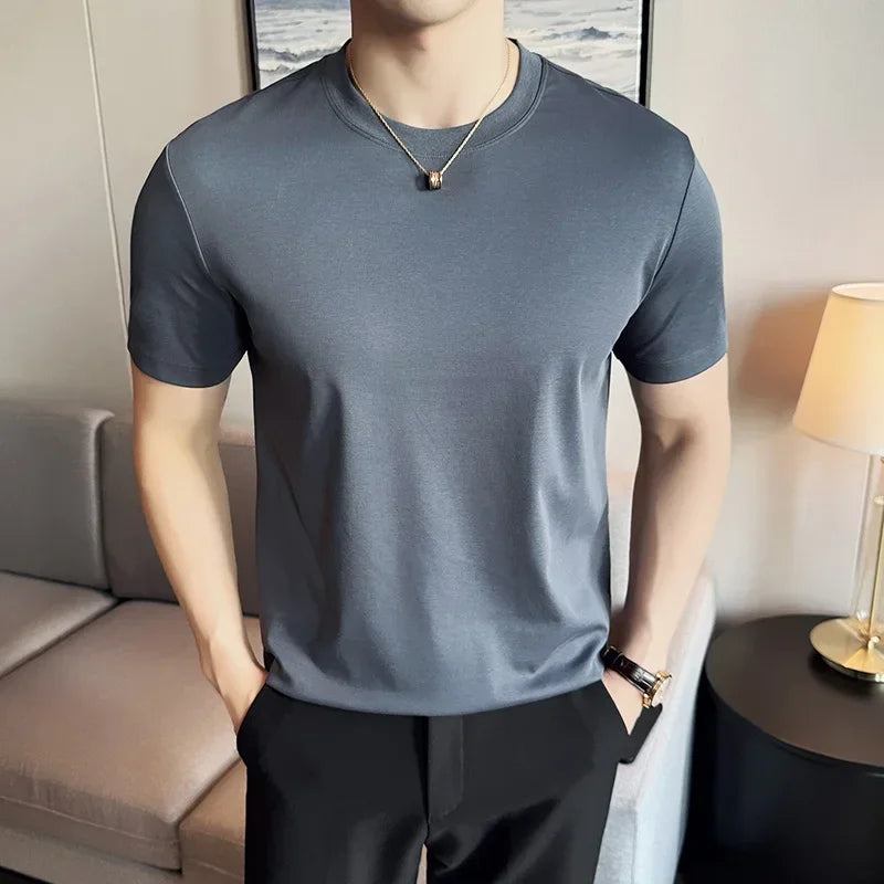 Mens T-shirt 2024 Summer New Thin Ice Silk Pure Cotton Top Round Neck T-shirt Sports Fitness Running Casual Mens Clothing