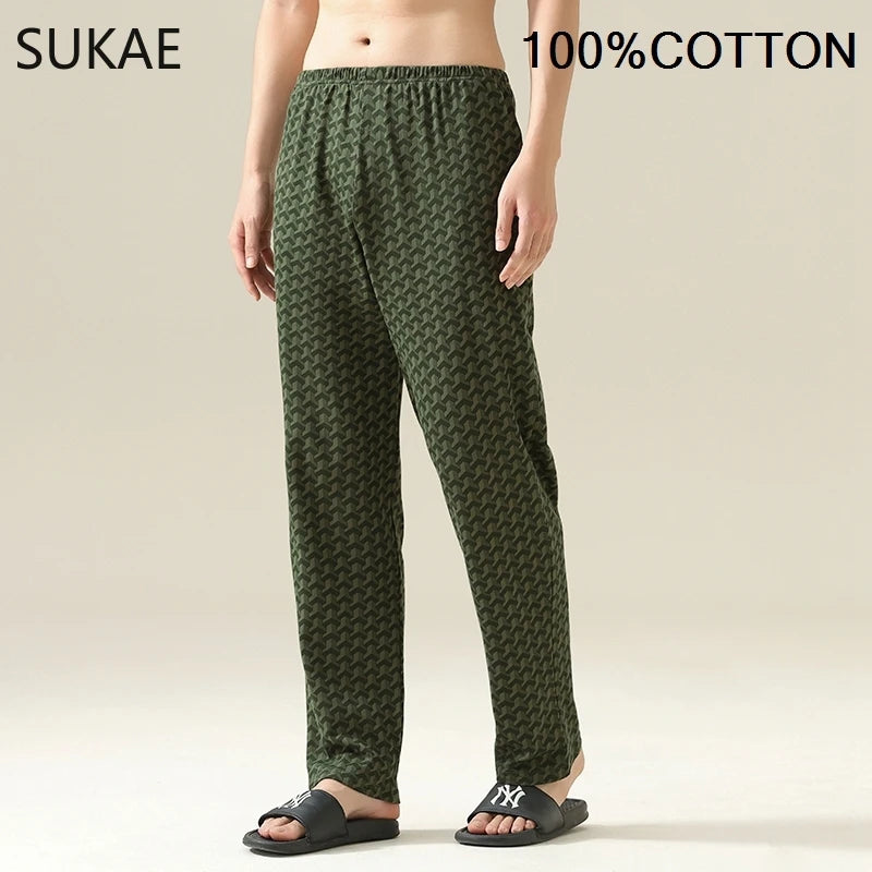 SUKAE 100% Cotton Mens Sleep Bottoms Autumn Spring Male Full Pants HQ Plaid Pj Pants for Boy Sleeping Long Lingerie for Man