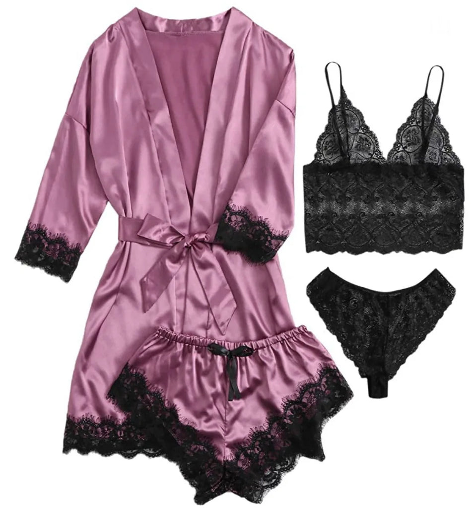 European and American women's pajamas underwear 4-piece set Lei suspender pajamas women's summer set nightgown nightgown