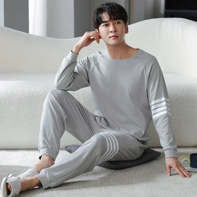 5xl 6xl Plus Size Big Pajamas Set Fat Man Long Sleeved Pullover Sporty Home Suits Knitted Cotton Sleepwear Father's Pyjama Homme