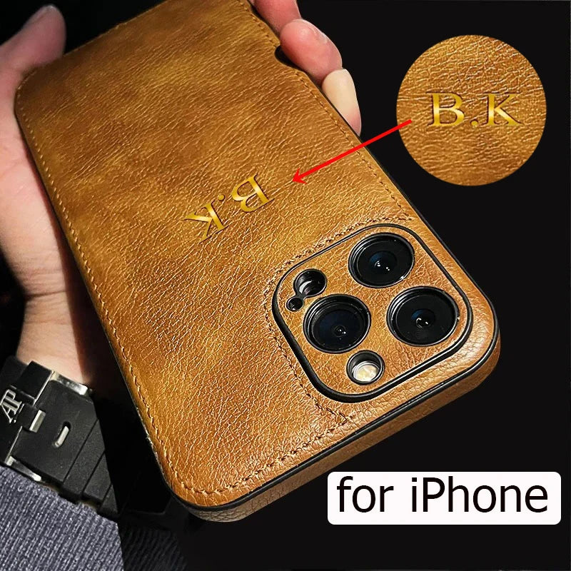 Case For iPhone 15 16 14 13 12 11 Pro Max Personalized Leather Custom Name Initials Case For Samsung Galaxy S24 S23 S22 Ultra