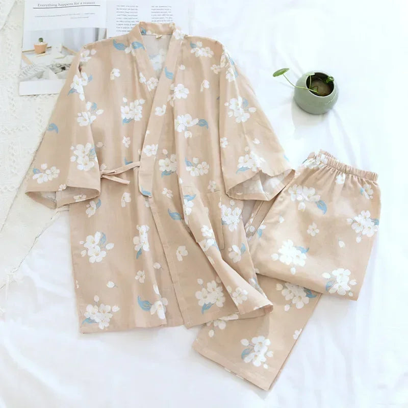 2024 new seven-sleeve Japanese-style kimono pajamas set female spring and autumn 100% cotton gauze home clothes cute sweet two-p