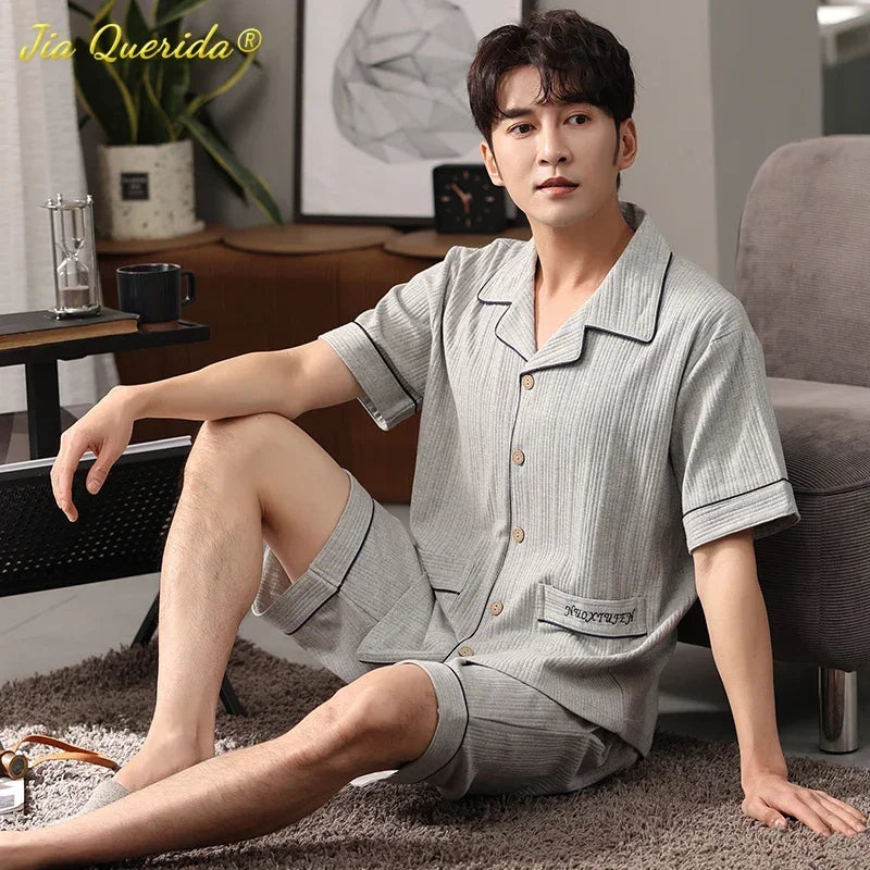 SUKAE Men Nightwear Home Clothing Summer Shorts Two Pieces Cotton Big Size 3xl 4xl Pajama V Neck Japanese Kimono Pjs Sleepwear