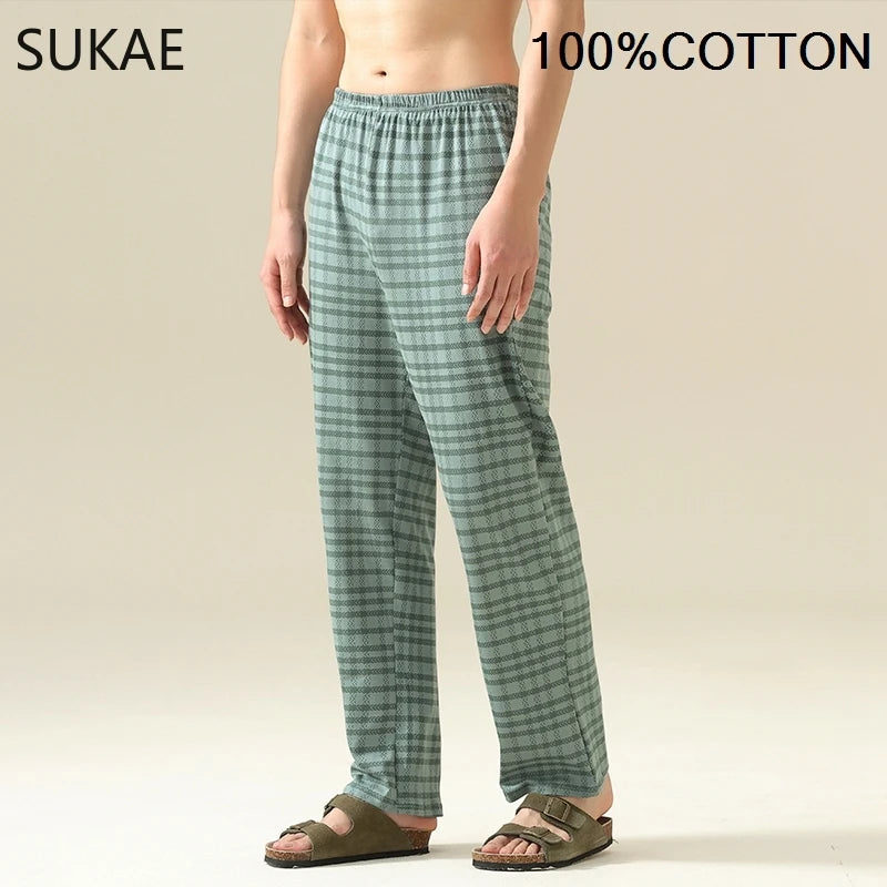 SUKAE 100% Cotton Mens Sleep Bottoms Autumn Spring Male Full Pants HQ Plaid Pj Pants for Boy Sleeping Long Lingerie for Man