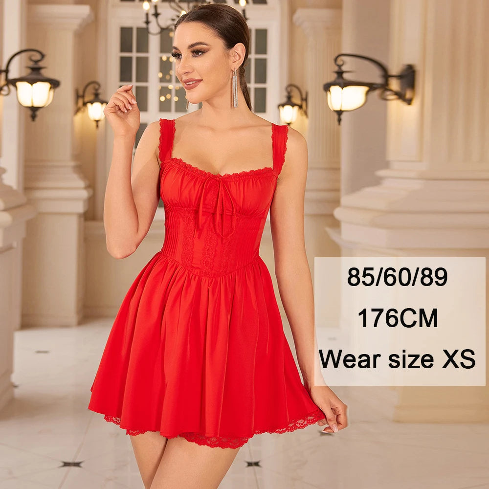 Suninheart Summer Dresses for Women 2023 Red Spaghetti Strap A Line Dress Lovely Elegant Lace Up Party Dress Mini Vacation Dress