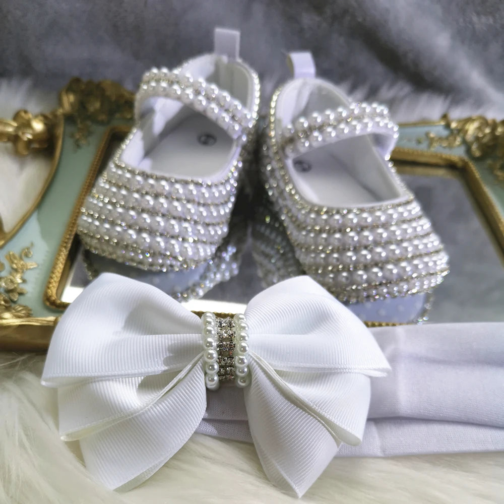 Dollbling Sparkle Pearly Baby Shoes and Headband Newborn Pacifier Gift Set Ivory Bead Designer Brand 0-1Y Girl Crib Ballet Shoes