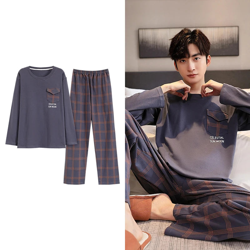 Deer Printing Elegant Pajamas Set for Man Autumn Winter Fashion New Soft Cotton Mens Loungewear Comfortable Sleepwear for Boy