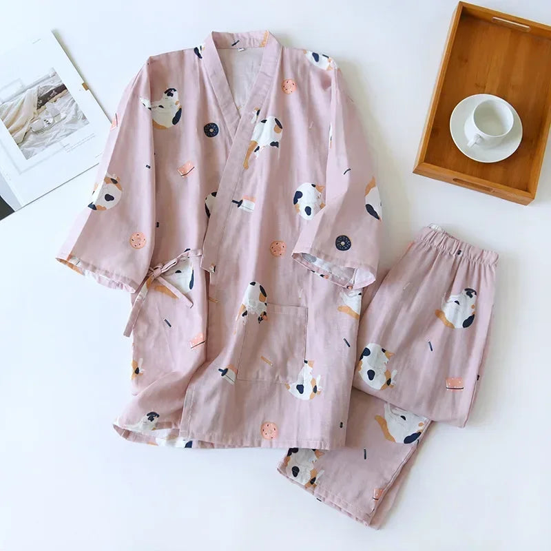 2024 new seven-sleeve Japanese-style kimono pajamas set female spring and autumn 100% cotton gauze home clothes cute sweet two-p