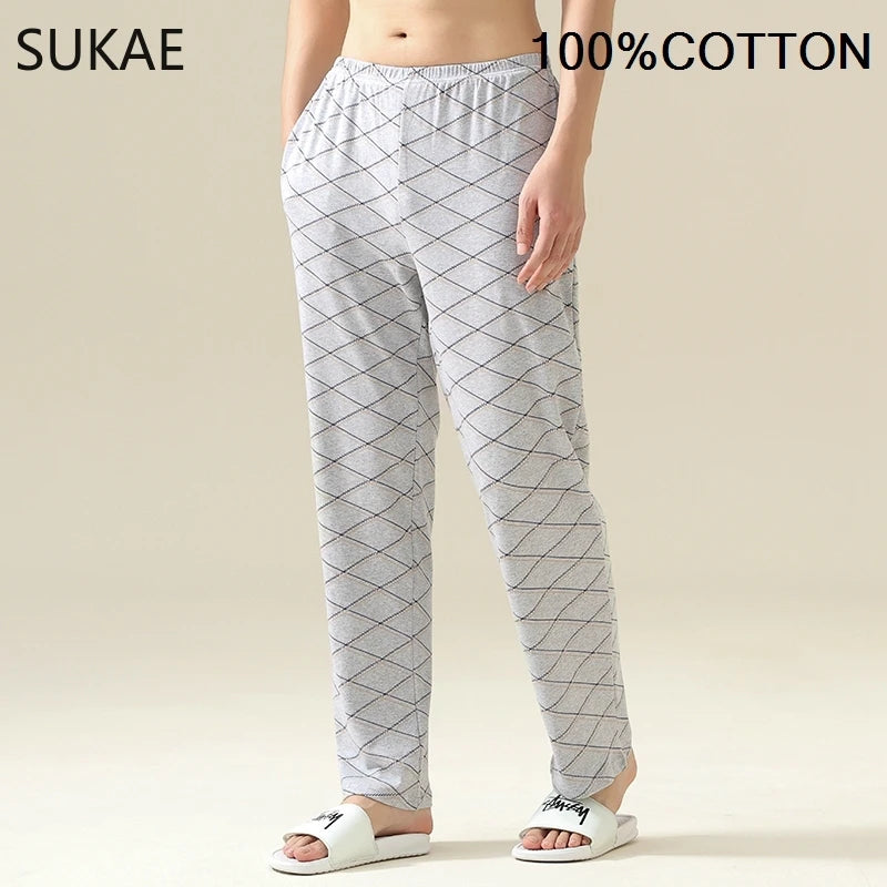 SUKAE 100% Cotton Mens Sleep Bottoms Autumn Spring Male Full Pants HQ Plaid Pj Pants for Boy Sleeping Long Lingerie for Man