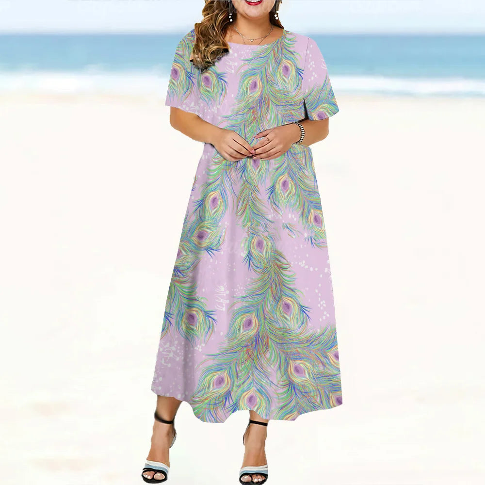 2024 New Design Women's Dresses Peacock Feather Print Midi Dresses Elegant Plus Size Female Short Sleeve Dress Fashion Summer