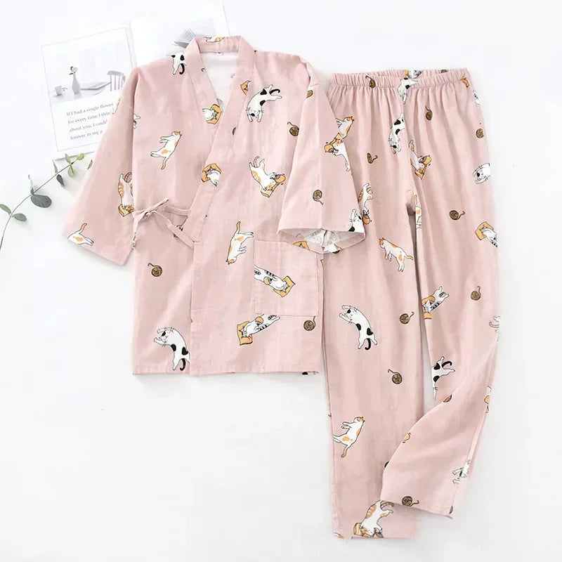 2024 new seven-sleeve Japanese-style kimono pajamas set female spring and autumn 100% cotton gauze home clothes cute sweet two-p