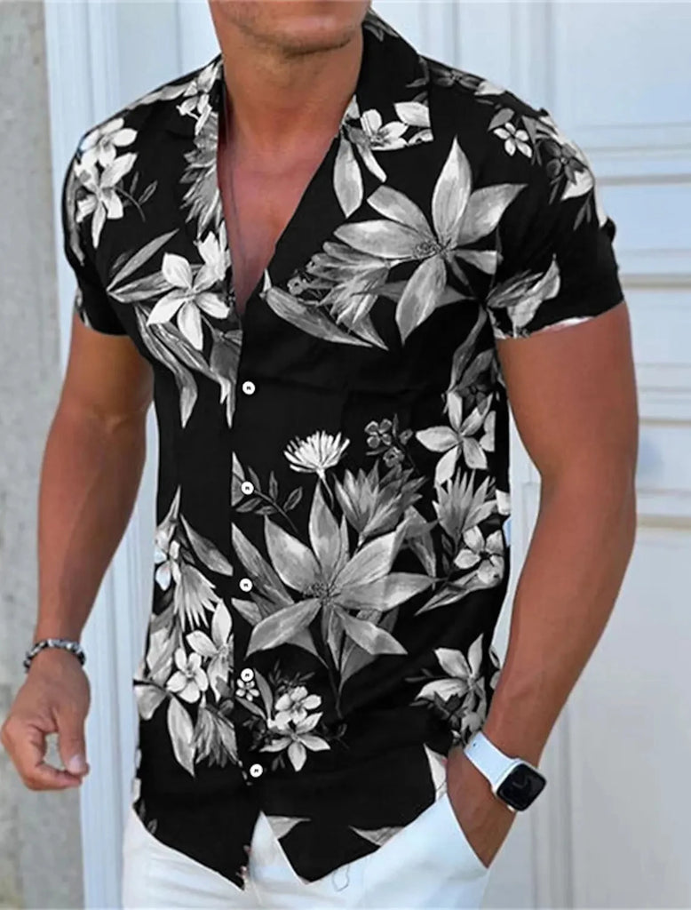 Men's New Flower Shirt Street Fashion Mature Men's Tops Maple Leaf Print Pattern Hawaiian Shirt Short Sleeve Casual Comfortable