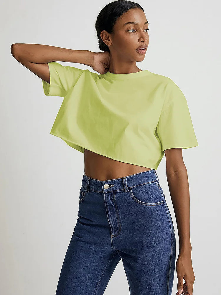 European and American sexy hot girl short sleeved T-shirt 2024 summer solid color short cut crop neck sports top