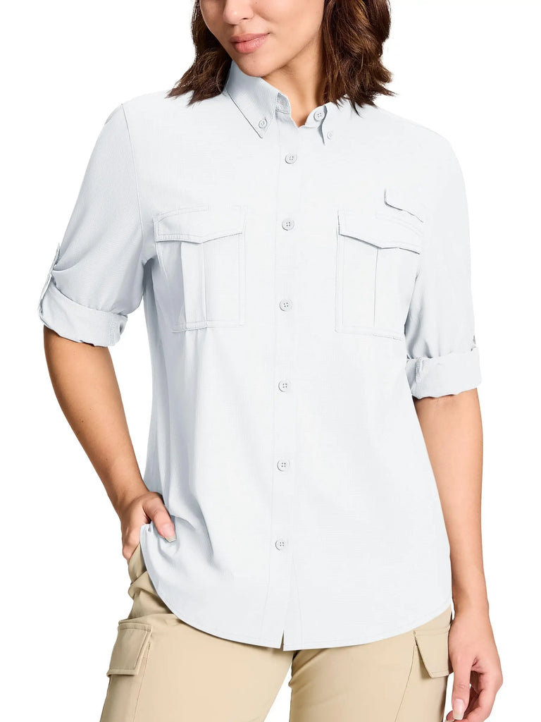 TACVASEN Quick Dry Hiking Fishing Blouse Womens Long Sleeve Button Down Outdoor Camping Shirts Breathable Sun Protection Tops