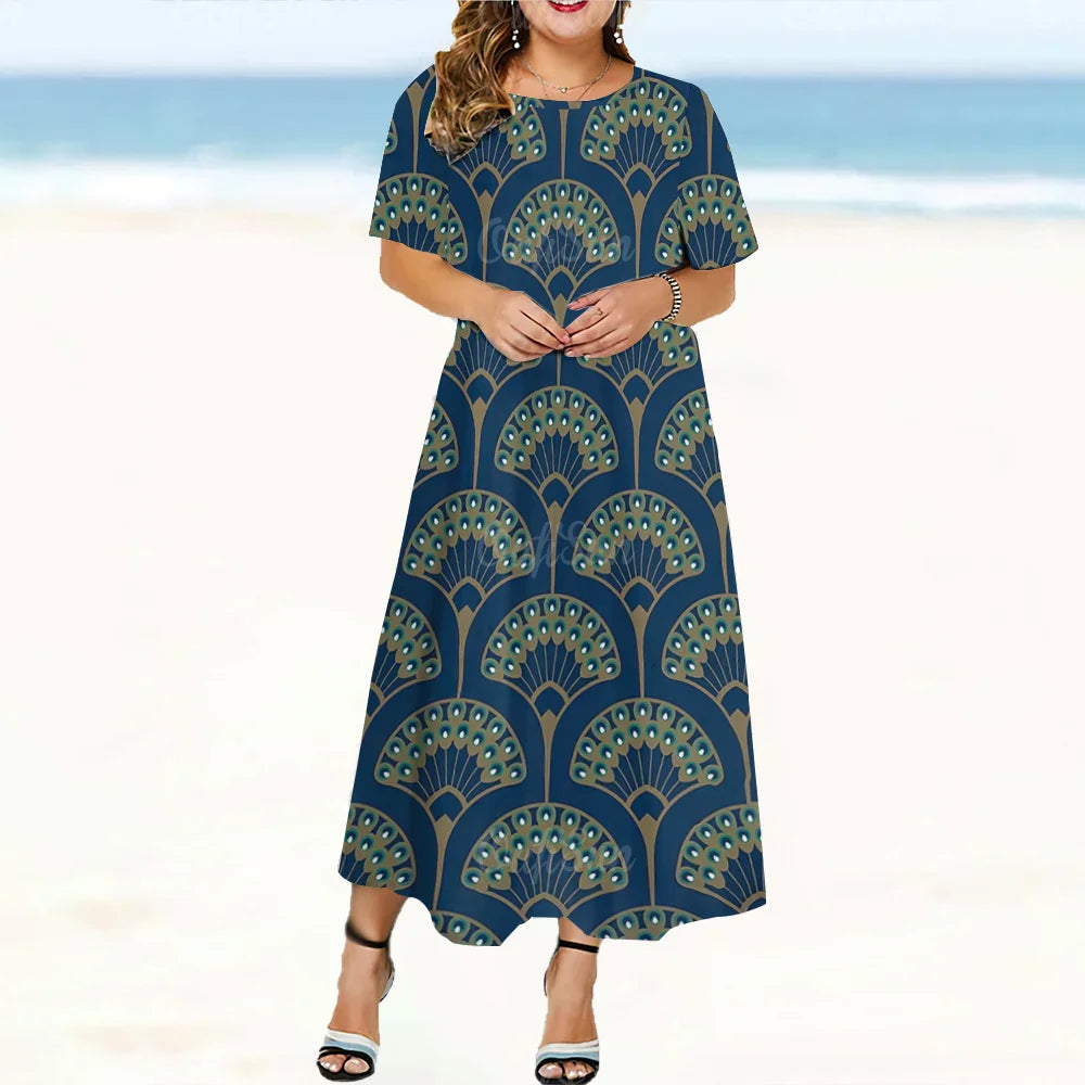 2024 New Design Women's Dresses Peacock Feather Print Midi Dresses Elegant Plus Size Female Short Sleeve Dress Fashion Summer