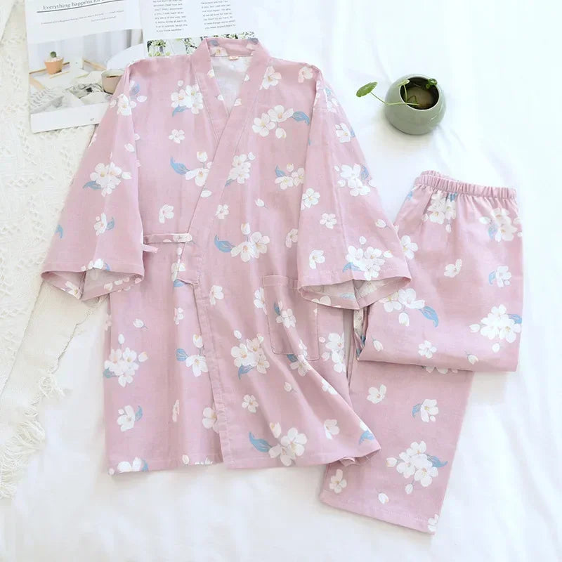 2024 new seven-sleeve Japanese-style kimono pajamas set female spring and autumn 100% cotton gauze home clothes cute sweet two-p