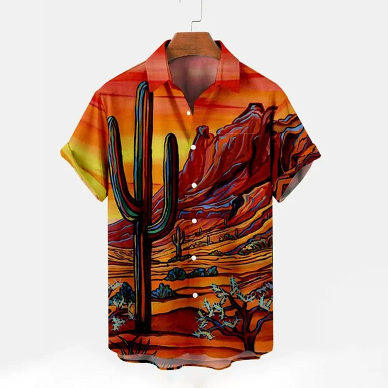 Desert Cactus Shirt For Men 3D Print Summer Hawaiian Harajuku Fashion Shirt Top Blouse Short Sleeves Street Vacation Beachwear