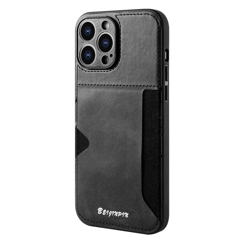 For iPhone 16 15 14 Plus 13 12 11 Pro Max Pu Leather Card Slot Holder Soft TPU Frame Phone Case Back Cover